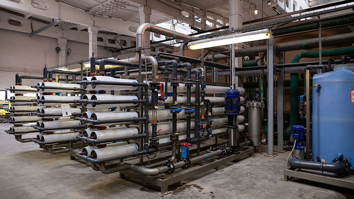 A large industrial set installation of reverse osmosis system and nanofiltration membranes for water treatment.