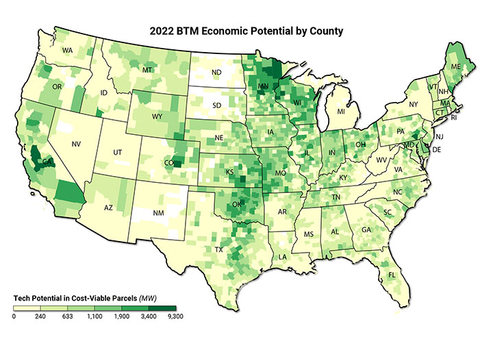 U.S. map graphic using yellow and green shades to show economic potential for front-of-the-meter wind applications. Darker greens indicate higher potential, concentrated in the Midwest, Heartland, East, and interior West.