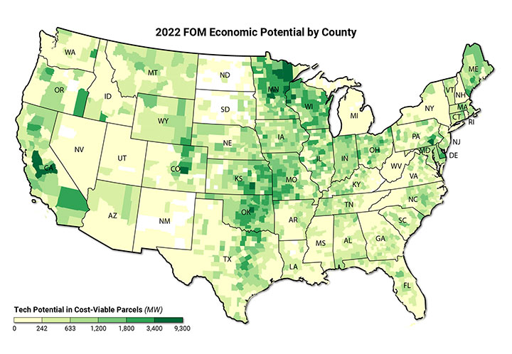 U.S. map graphic with yellow and green shades indicating economic potential for behind-the-meter wind applications. Darker greens show higher potential, especially in the Midwest, Heartland, East, and interior West.