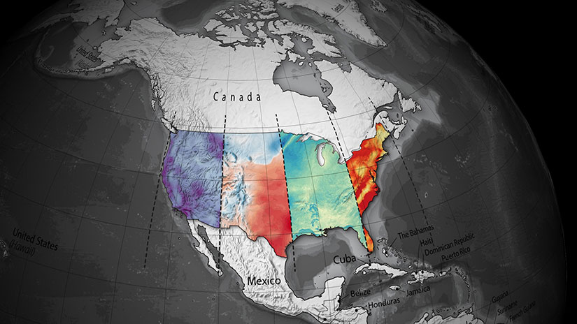 A globe with a map of North America in the forefront highlighting temperature regions across the United States