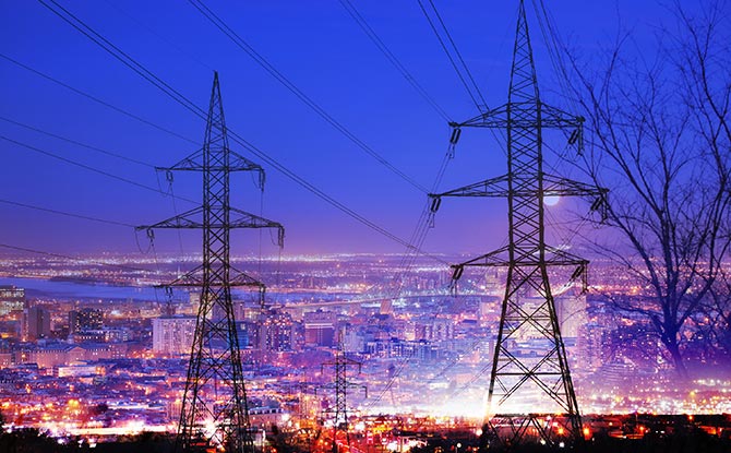 Transmission tower at night.