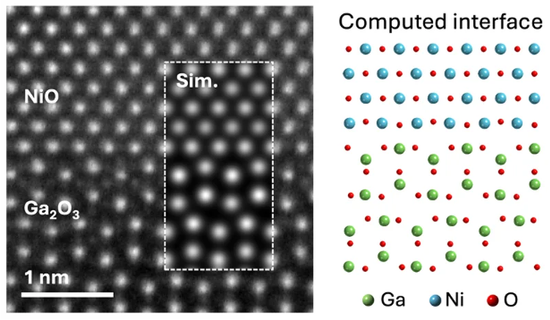 A two-panel image comparing an experimental and computed view of a material interface.