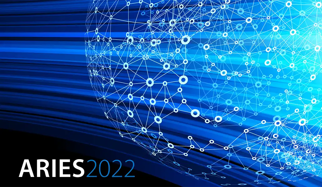 ARIES 2022 Annual Report cover of digitized globe with blue waves coming off it