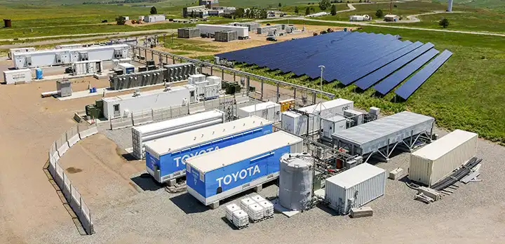 Aerial view of the hydrogen infrastructure and grid integration research pads at National Renewable Energy Laboratory’s (NREL’s) Flatirons Campus.
