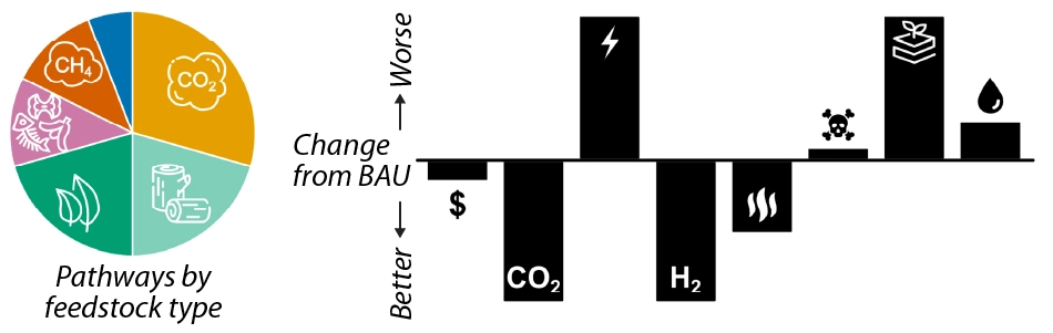 Pathways by feedstock type pie chart showing sections for carbon dioxide, woody biomass,
            herbaceous biomass, food waste, and methane. Change from BAU: Better (CO2, H2, and a flames icon) and Worse (lightning icon, skull and bones icon, plant icon, and fuel drop icon). 