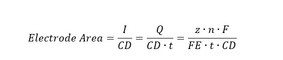 Electrode area is defined by total CO₂ reduction current and current density, where current depends on product moles, electrons per mole, Faradaic efficiency, Faraday’s constant, and operating time.