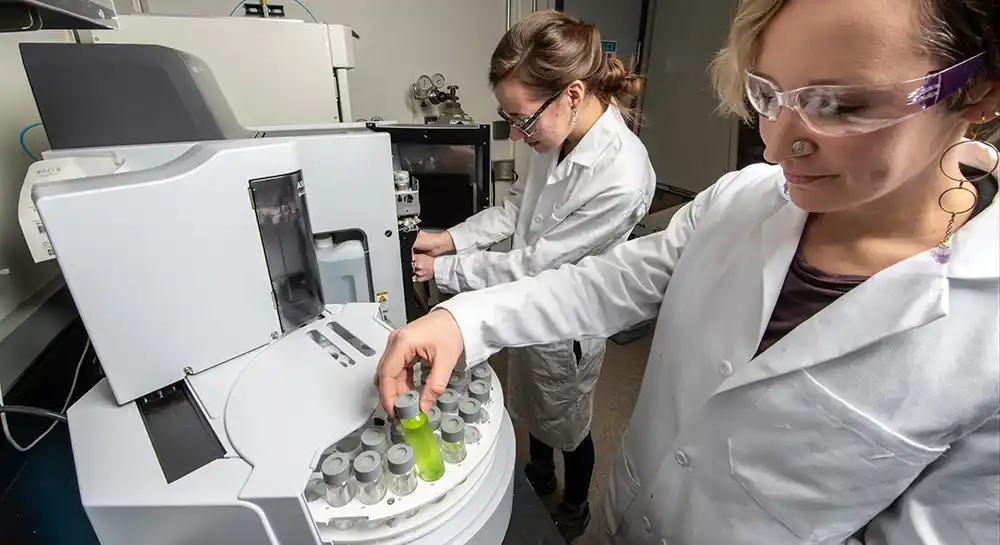 Two researchers work in a bioenergy lab.