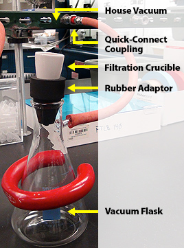 Photo of a glass flask, identified as a 'Vacuum Flask,' with a black stopper identified as a 'Rubber Adaptor'; a white container atop the rubber adaptor is identified as a 'Filtration Crucible;' a red hose connects the flask with a 'Quick Connect Coupling' attached to a black platform identified as a 'House Vacuum.' data-displaymode=