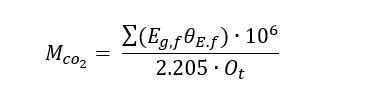 CO₂ mass flowrate (kg/hr) from ethanol fermentation is based on ethanol production (200 MGY), CO₂ emission factor (6.6 lb/gal), and annual operating hours (7,884), yielding 75,931 kg CO₂/hr.