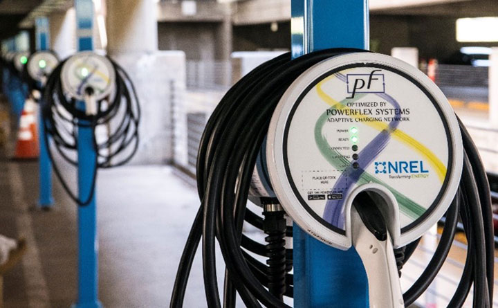 Photo of electric vehicle charging stations in NLR's parking garage.