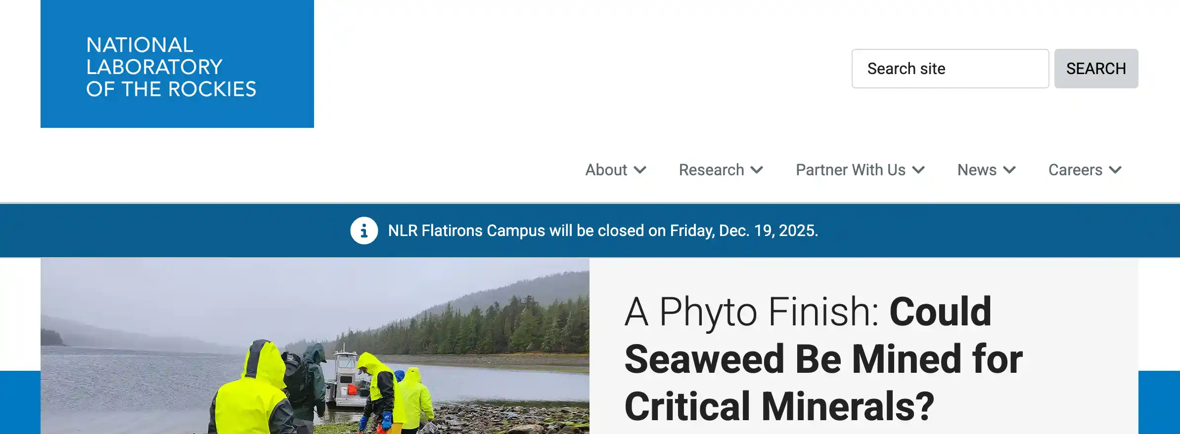 Screenshot of an alert banner under the top navigation on an nrel.gov web page.