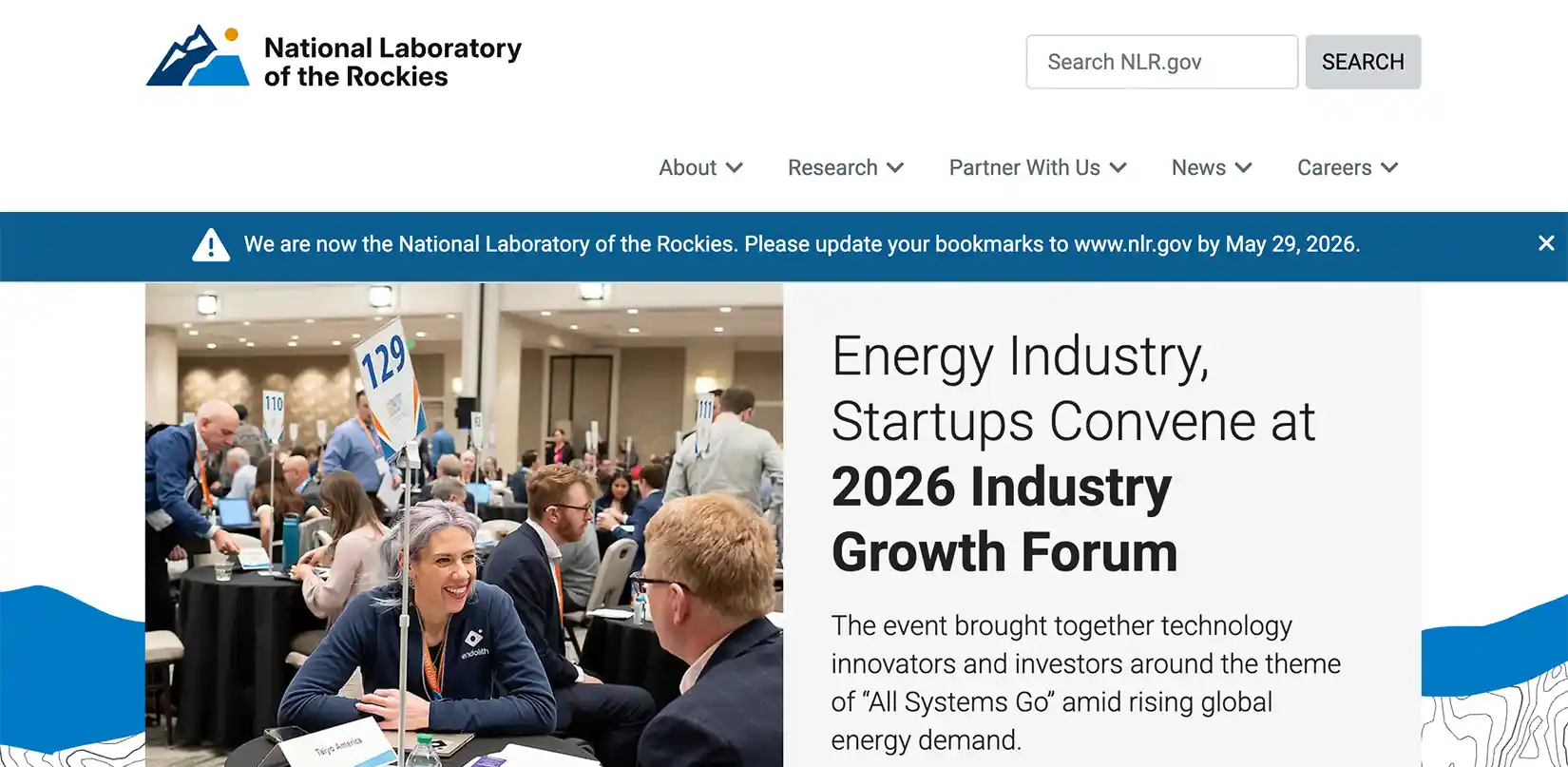 Screenshot of an alert banner under the top navigation on an nrel.gov web page.