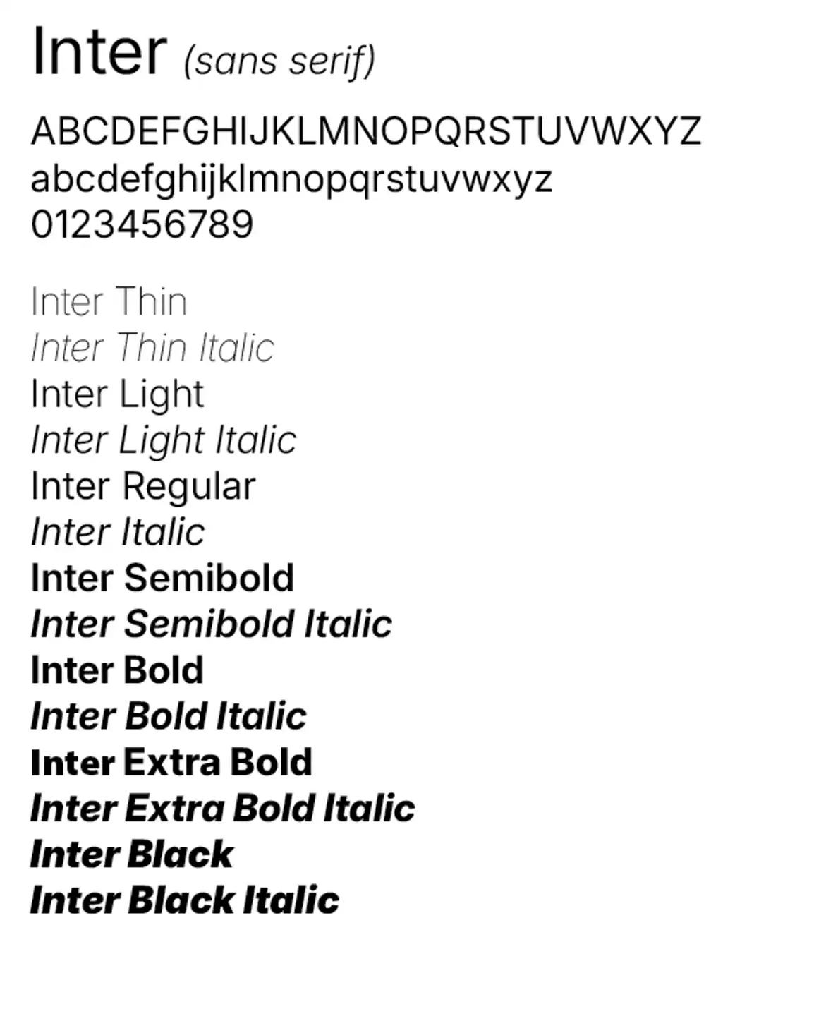 Typography examples for design (Inter)