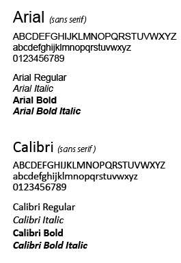 Examples of the acceptable substitute typefaces, Arial and Calibri.