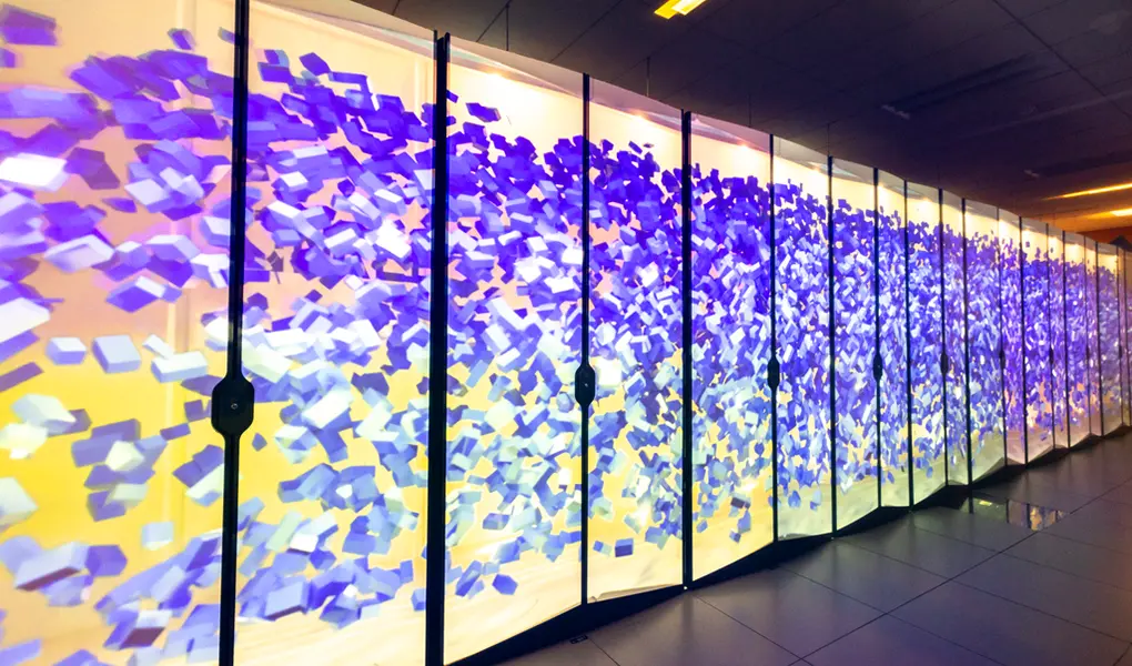 A colorful overlay on a row of computer racks in a data center.