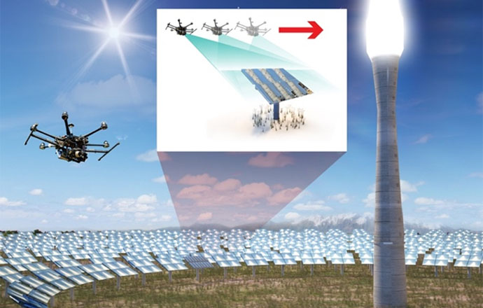 illustration of non-intrusive optical drone capturing images of a solar field