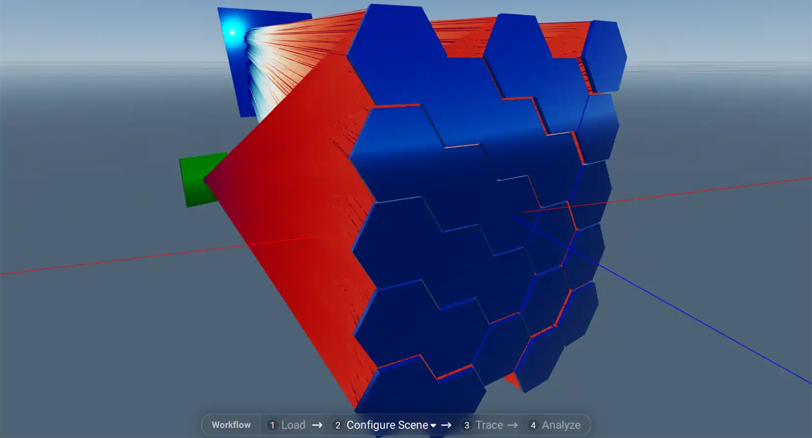 soltrace-beta-hero Solar workflow illustration made up of rays leading towards hexagon shapes.