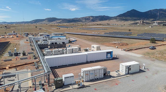Aerial view of Flatirons campus showing data storage facilities and solar panel array.