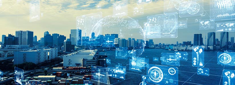 Cityscape overlaid with computer screens.