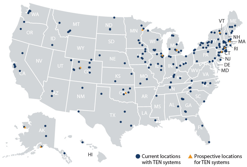 A map of the United States with markers for Current and Prospective locations with TEN systems.