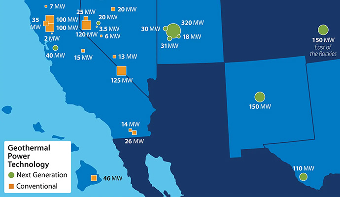 A map showing 26 different locations of geothermal power purchase agreements in multiple U.S. locations. The majority are in California, Nevada, and Utah.