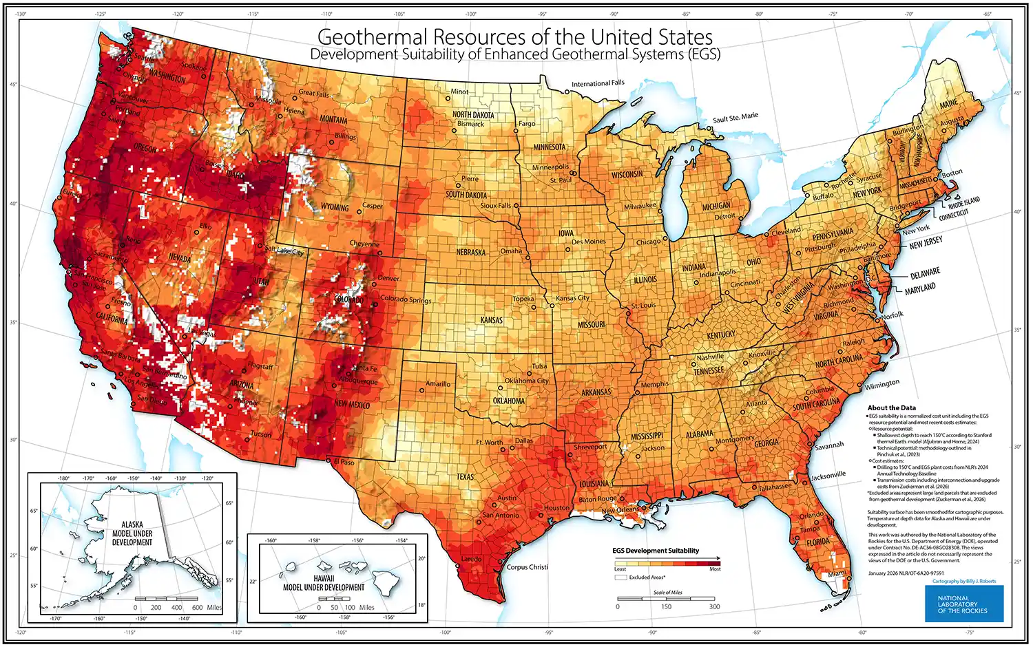 U.S. map colored with potential geothermal hotspots.