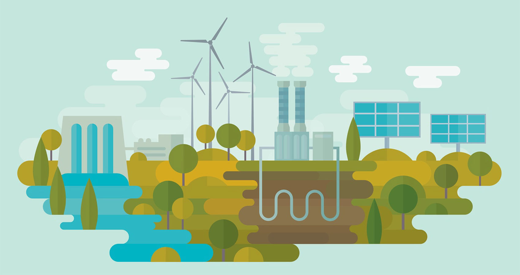 An artist's rendition of a variety of electricity sources, including a hydroelectric dam, wind turbines, a power plant, and solar panels. There are water, trees, and dirt in the foreground, and several clouds in the background.