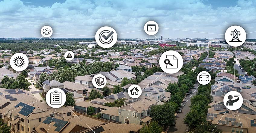 Aerial photo of neighborhood with rooftop solar below overlay of icons.