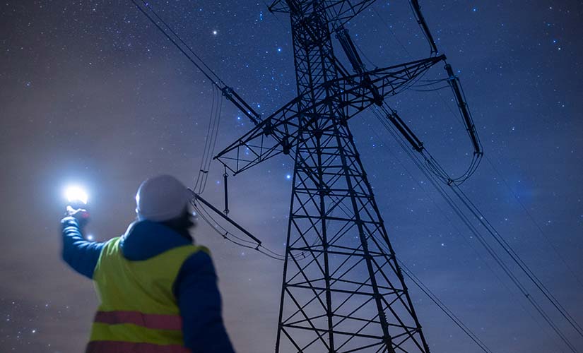 Worker inspects a transmission tower at night.