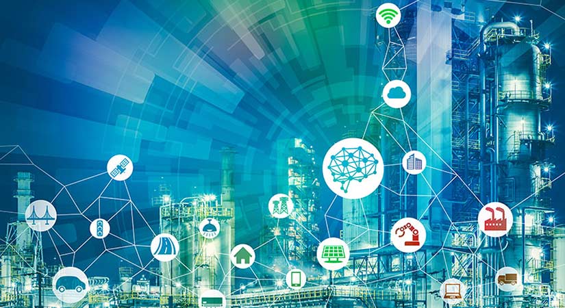 Blue and green graphic with manufacturing related icons scattered across an industrial space.