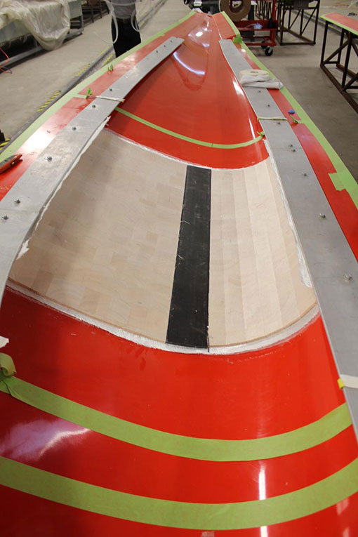 A blade is made with balsa core and spar cap during the thermoplastic blade section manufacturing process.