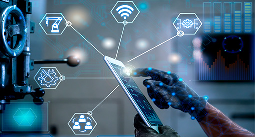 Gloved hand clicks on iPad with grid technology illustrative overlay