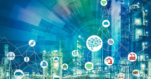 An industrial lab overlain with icons of science, technology, engineering