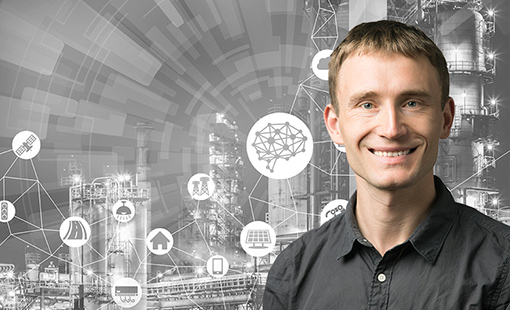 Andriy Zakutayev overlain on a black-and-white background of manufacturing facilities and icons.