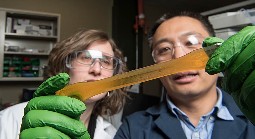 A researcher holds a long, translucent, orange resin.