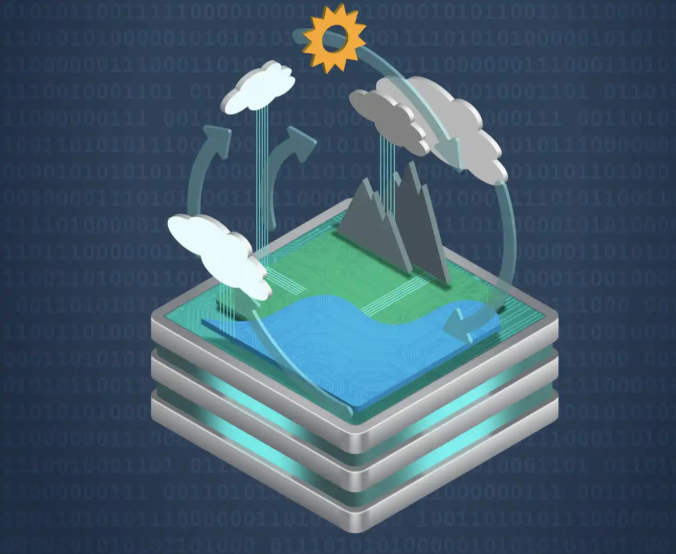 Clouds and the sun hover over a stack of computer drives.