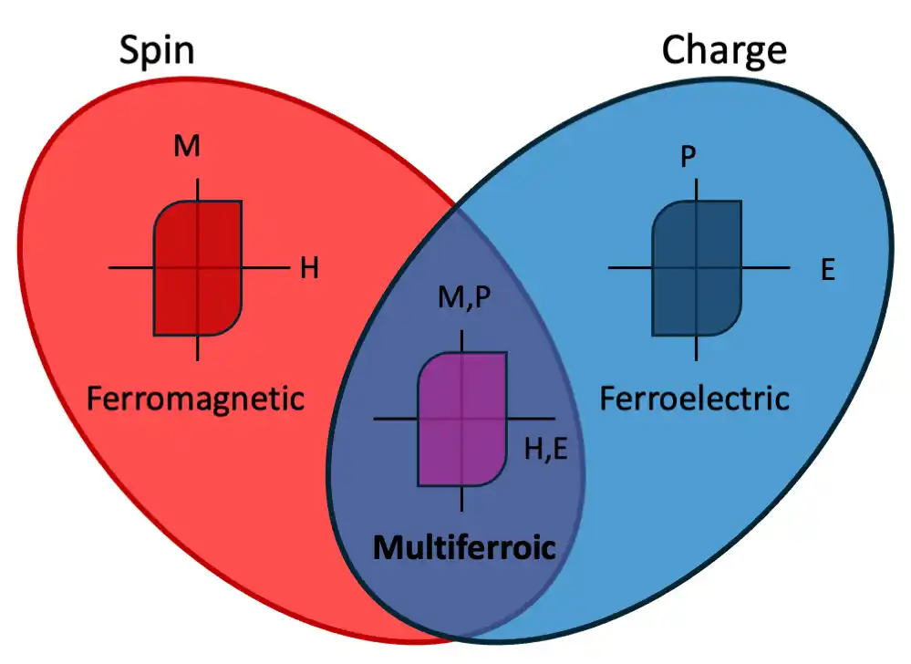 The spin and charge of ferromagnetic, multiferroic, and ferroelectric materials.