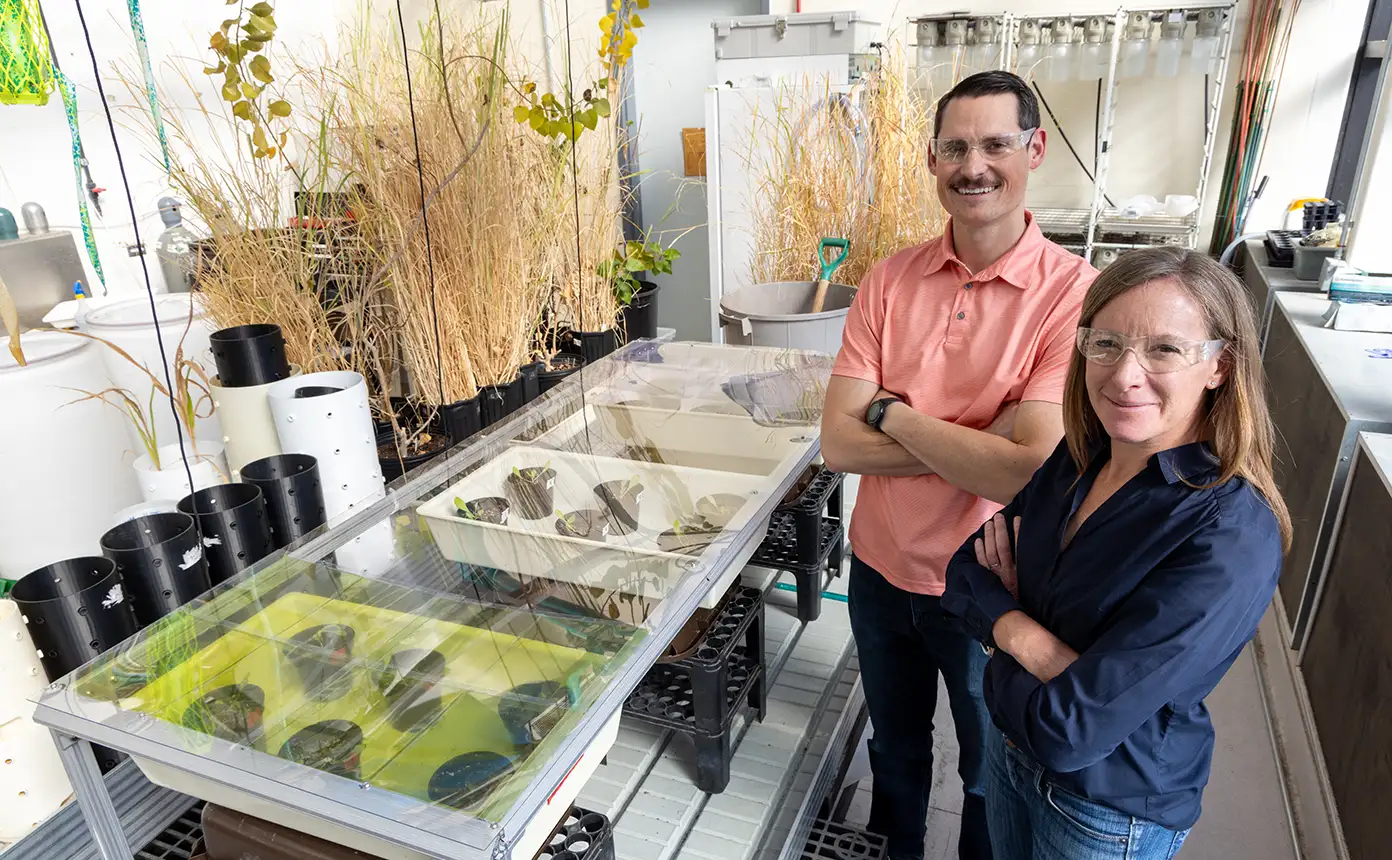Two researchers stand next to a table with plants growing in individual pots.