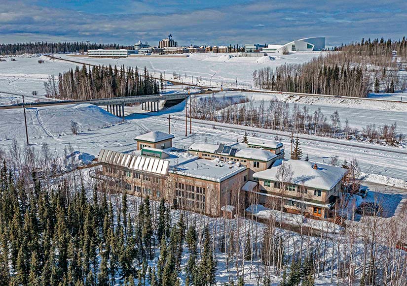 Aerial photo of a research campus in a snowy environment