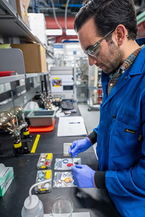 Ali Chamas stands at a lab bench in front of several small pieces of plastic and uses tweezers to pick up one of the pieces