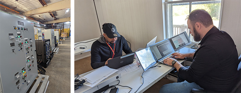 Two images: one of a hallways with machines and the other of two people sitting on laptops facing each other.