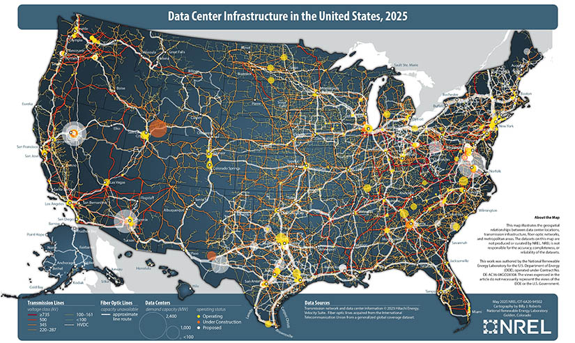 A map of the United States with the text Data Center Infrastructure in the United States 2025