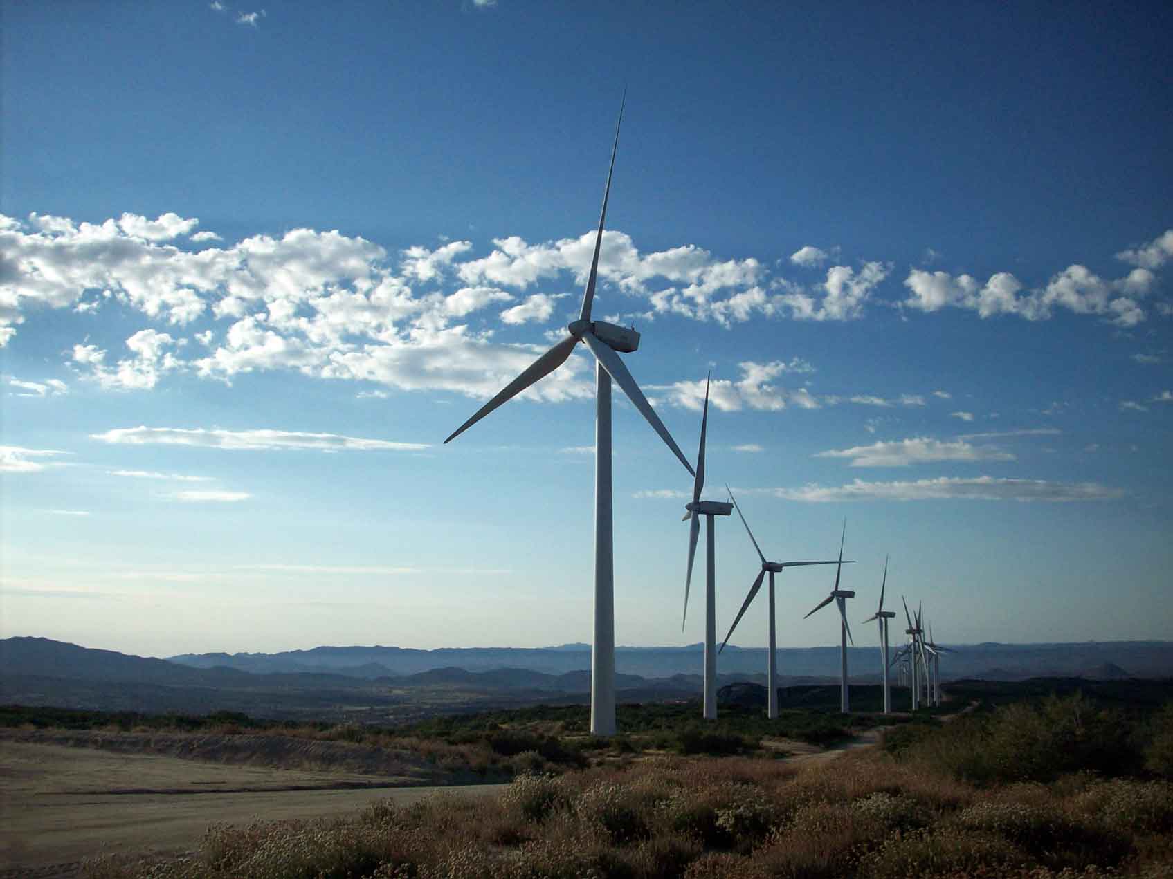 Photo of a group of wind turbines in an open area.
