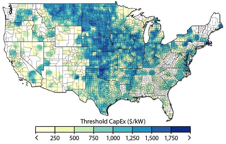 Graphic of a U.S. map with varying shades of yellow, green, and blue to indicate the economic potential of front-of-the-meter wind applications, today. Darker blue colors indicate greater economic potential. The Midwest and Heartland regions, and portions of the East and interior West, of the country have the greatest economic potential.