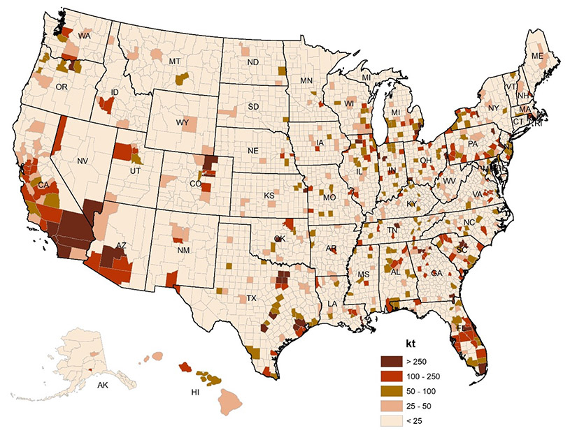 Map shows the amount of paper and cardboard waste by county.