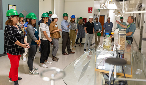 Continue reading about A group of people wearing hard hats stand in a lab facing a person talking.