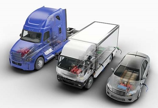 Graphic showing inner components of light-duty all-electric sedan, medium-duty plug-in hybrid electric vehicle, and heavy-duty diesel truck.