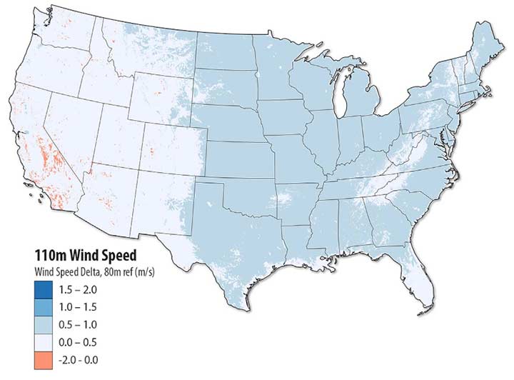 Map of mean annual wind speed 110 m above ground level minus 80 m in the United States shaded in different colors depending on an area’s wind speed.