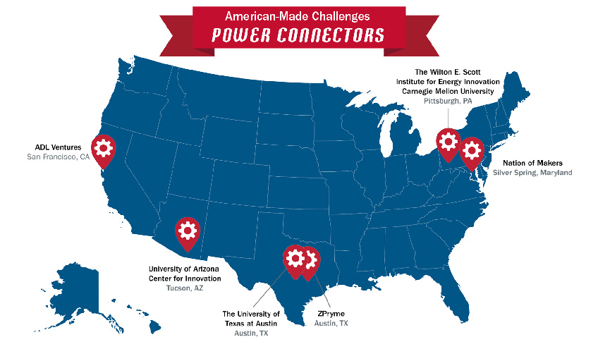 A map graphic of the United States with six pinpoints at various locations.