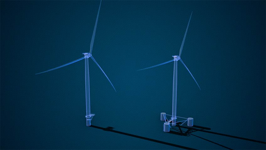 Two 3D models of a fixed-bottom and floating offshore wind turbine.